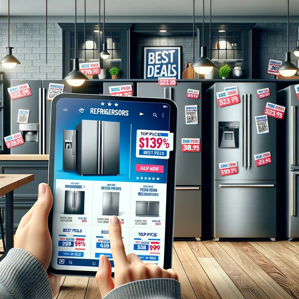 browsing refrigerator deals on a tablet with discounted models in the background